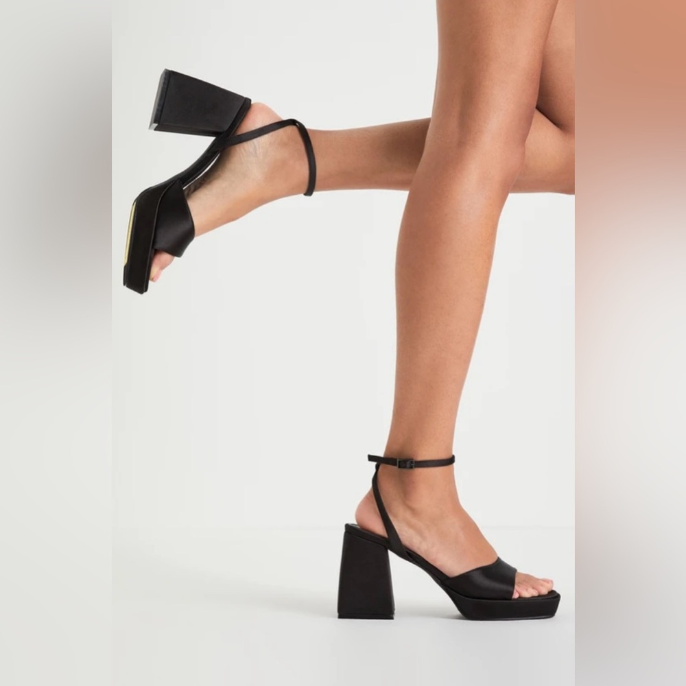 Lulus Shirine Black Satin Platform Ankle Strap Heels